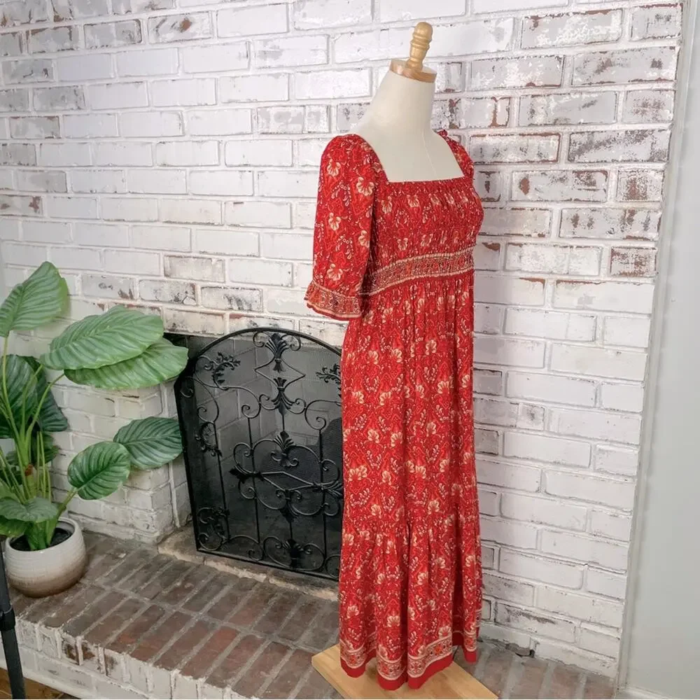Red Bright Boho Floral Puff Shoulder Smocked Top Ruffle Hem Midi Dress L - Picture 7 of 9